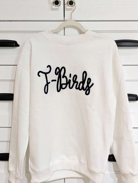 T-Birds White Chenille Sweatshirt (Navy Script Text)