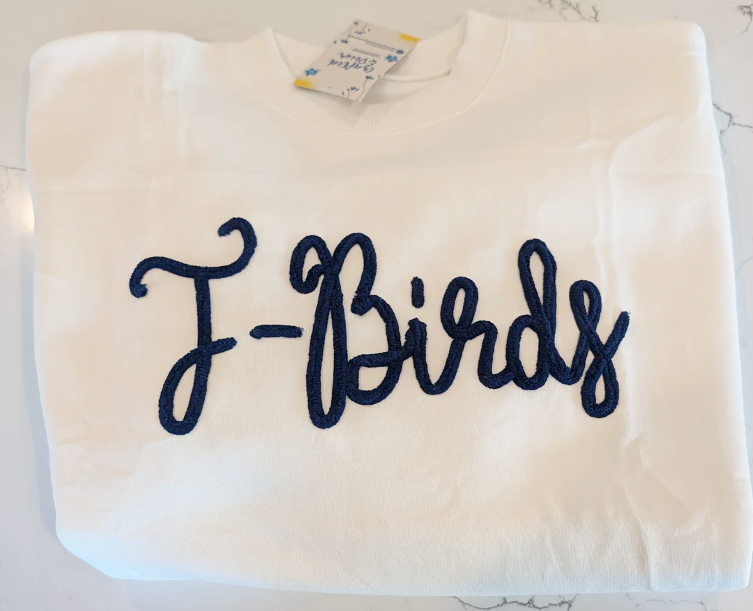 T-Birds White Chenille Sweatshirt (Navy Script Text)